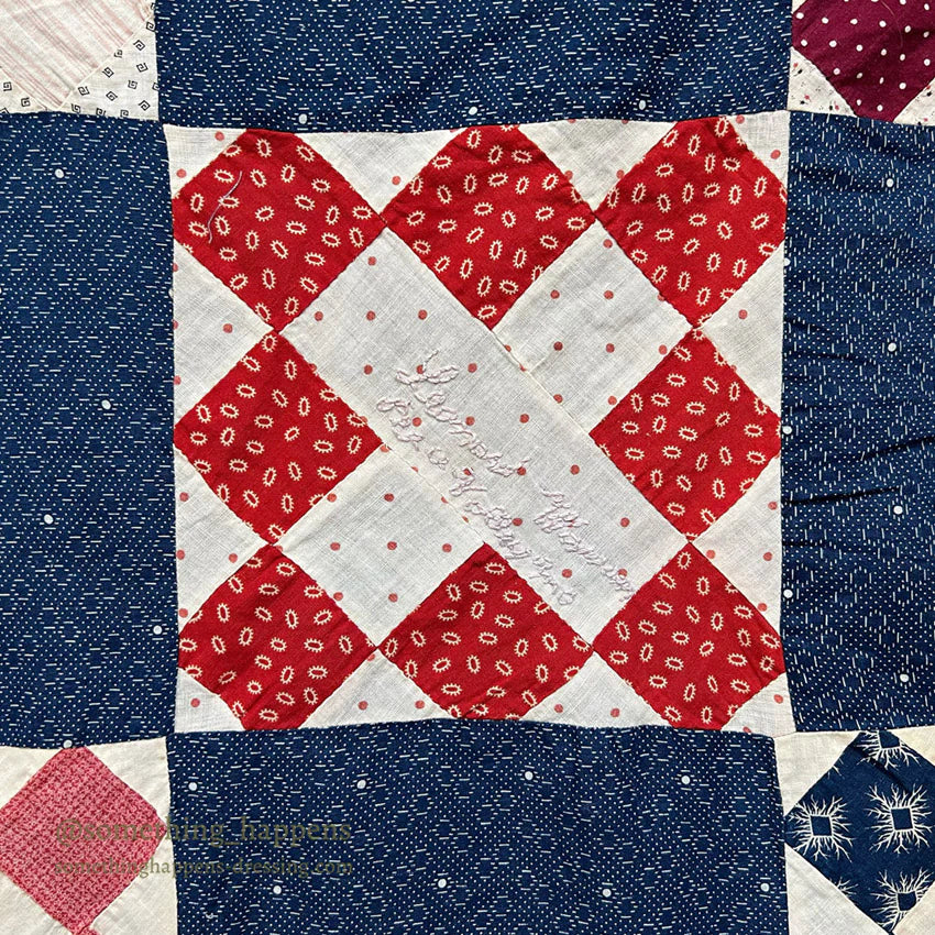 c.1900's ANTIQUE INDIGO CALICO SIGNATURES ALBUM QUILT TOP ... 210cm/168cm