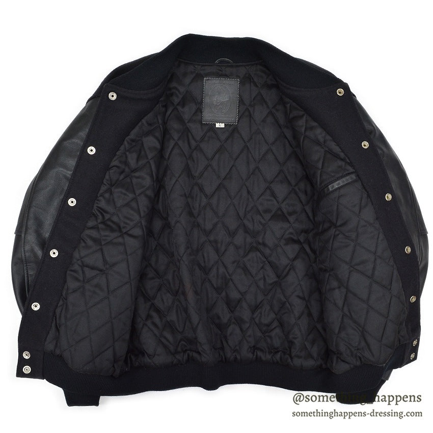 1990's GOLDEN BEAR ALL BLACK WOOL / LEATHER VARSITY JACKET... L