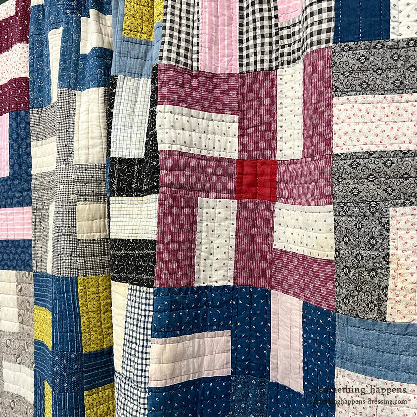 ANTIQUE WHIRLING LOGS SWASTIKA CRAZY PATCHWORK QUILT... 202cm/166cm
