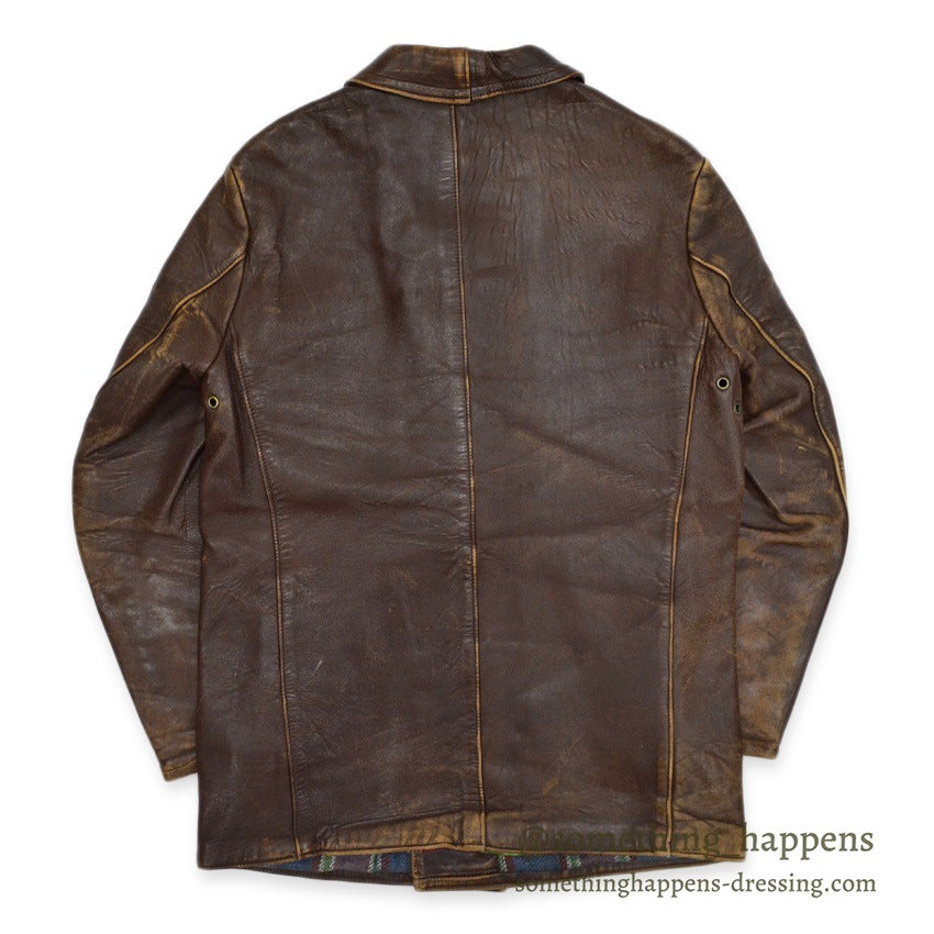 OLD FRANCE DOUBLE BREASTED BROWN LEATHER COAT MADE BY GVF...