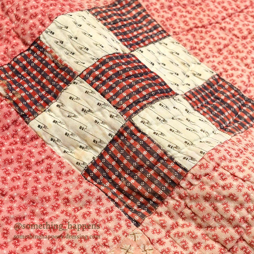 ANTIQUE NINE PATCH CALICO PATCHWORK RED CRIB QUILT FADED... 120cm/99cm