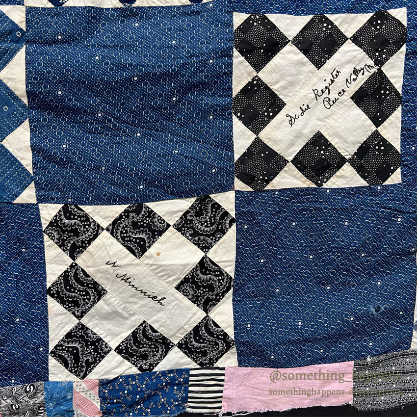 c.1900's ANTIQUE INDIGO CALICO SIGNATURES ALBUM QUILT TOP ... 210cm/168cm