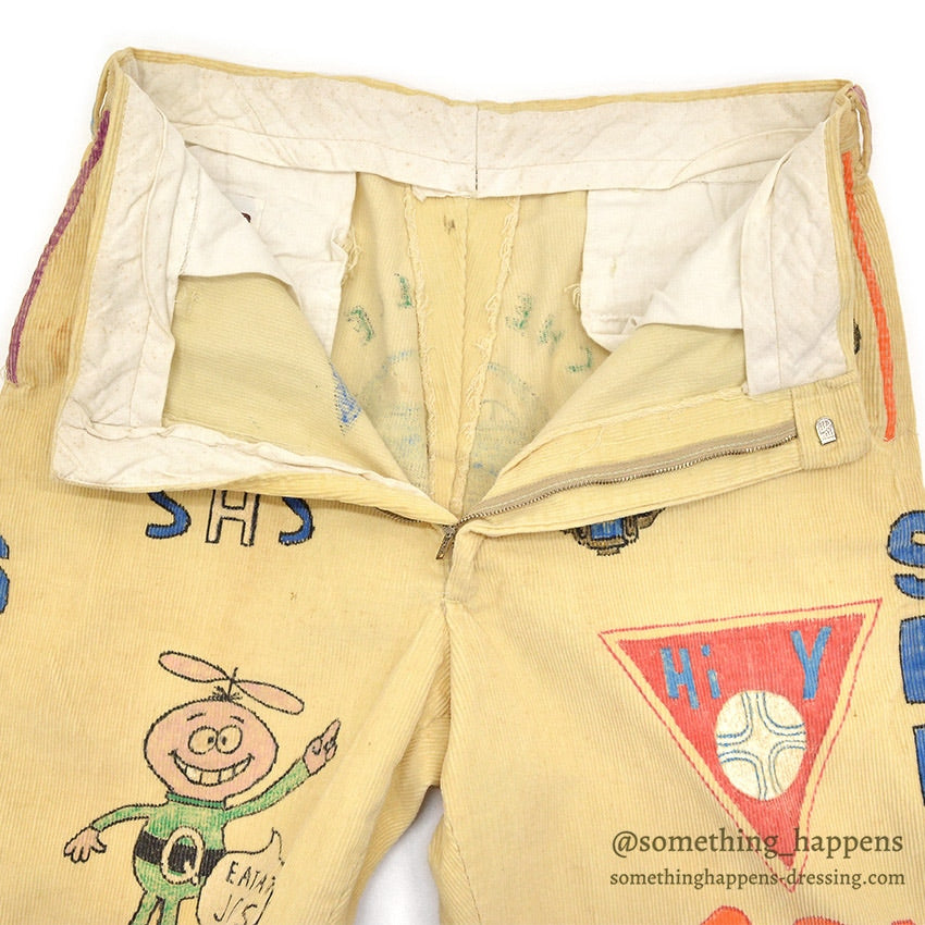 1970's KAZOO SENIOR CORDS HAND PAINTED '70 PANTS / AMAZING DRAWING ... W30/L29