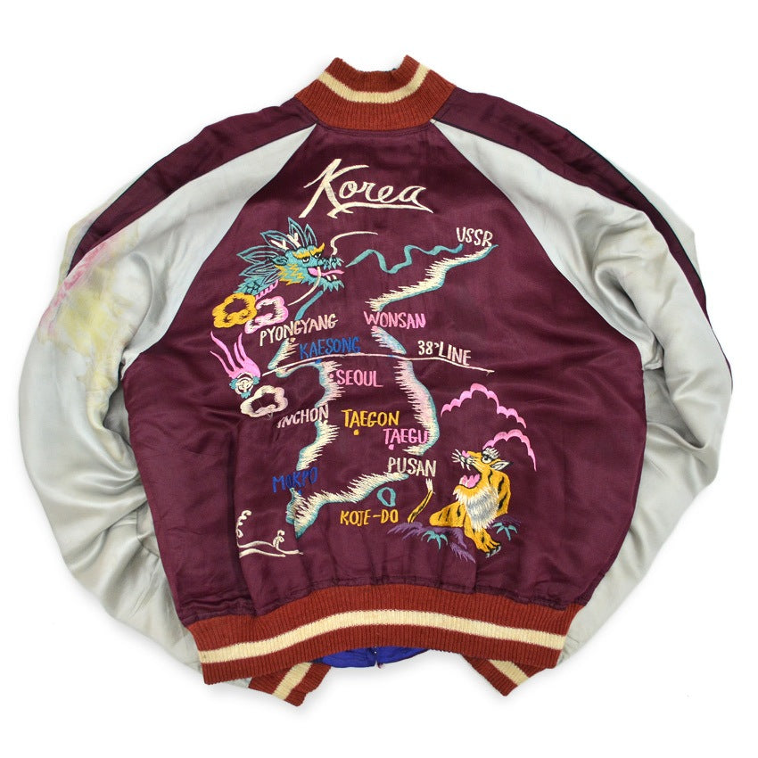 1950s Korea Map Souvenir Jacket (Sukajan) with Tiger, Dragon, and Eagle design, TTS zipper...