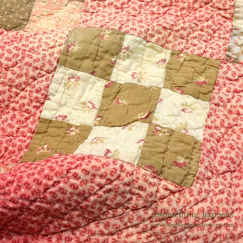 ANTIQUE NINE PATCH CALICO PATCHWORK RED CRIB QUILT FADED... 120cm/99cm