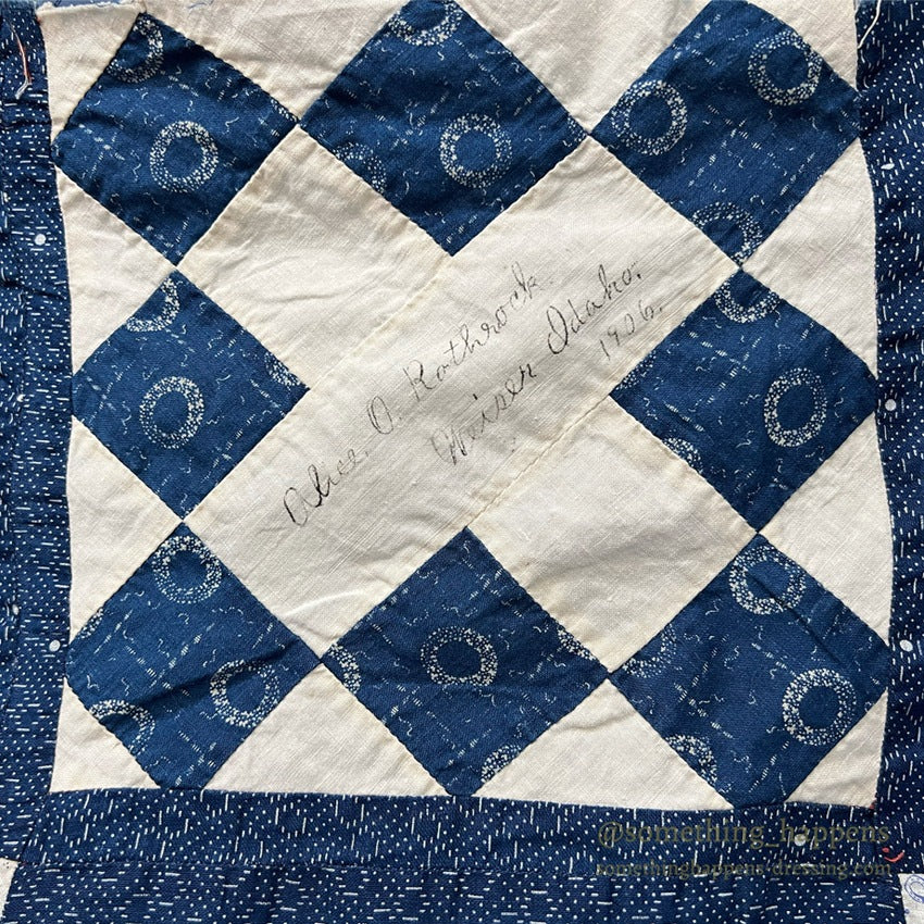 c.1900's ANTIQUE INDIGO CALICO SIGNATURES ALBUM QUILT TOP ... 210cm/168cm