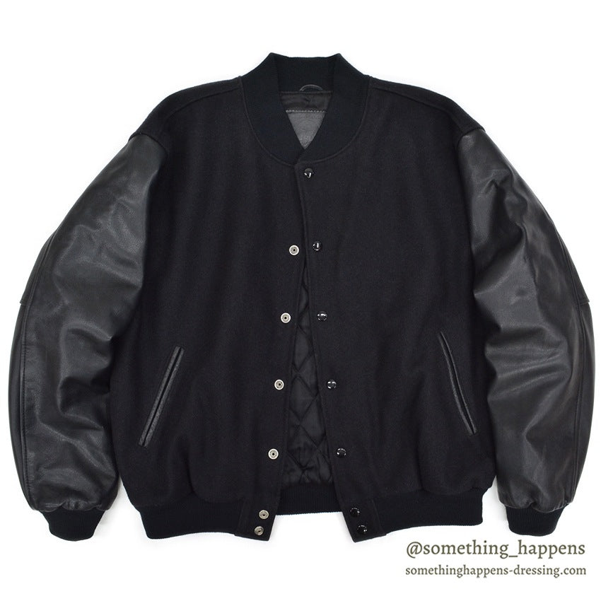 1990's GOLDEN BEAR ALL BLACK WOOL / LEATHER VARSITY JACKET... L