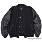 1990's GOLDEN BEAR ALL BLACK WOOL / LEATHER VARSITY JACKET... L