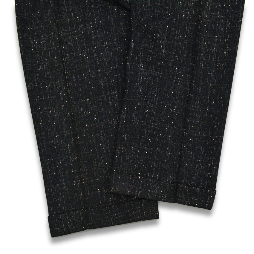 1950s-era black pinstripe Fleck Pattern kasuri wool slacks...