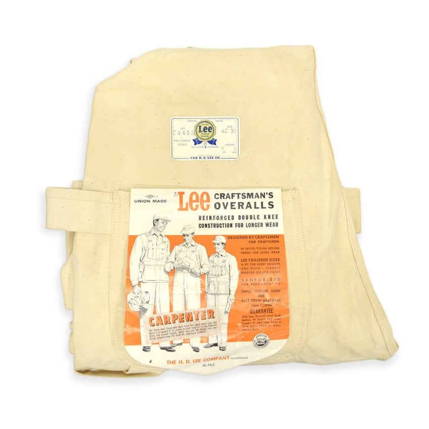 1970s Deadstock Lee Off-White Overalls, Double Knee, with Apron, Lot.C44SB ... W40 L30