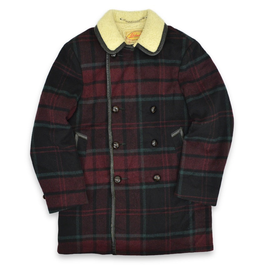 1950's~ Lakeland PLAID CHECK WOOL COAT WITH LEATHER TRIM... 38