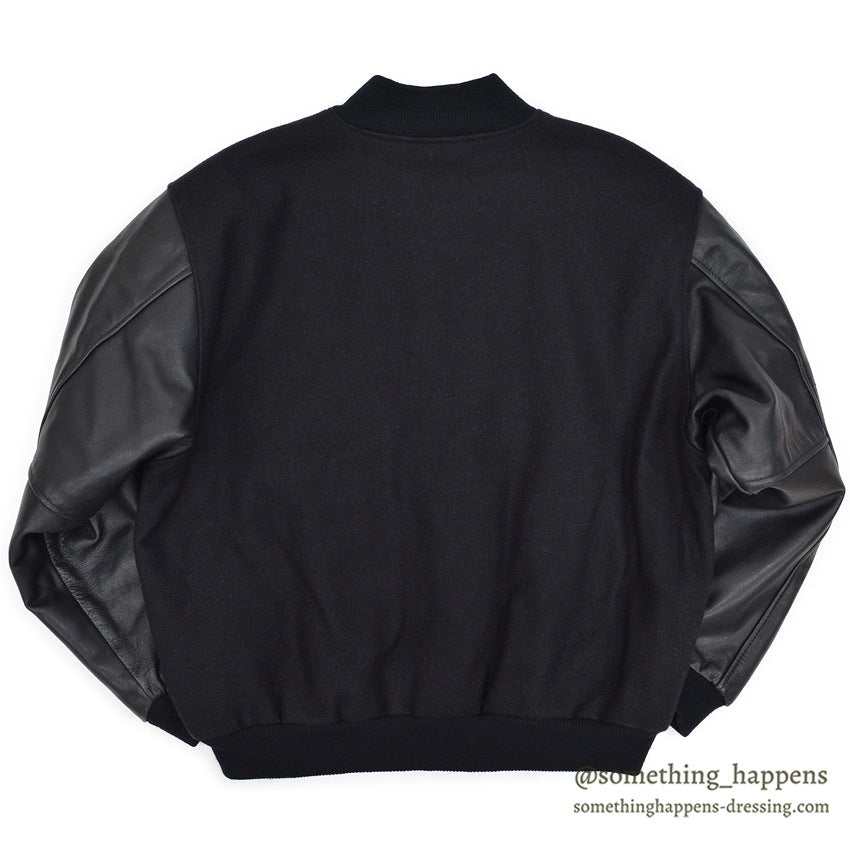 1990's GOLDEN BEAR ALL BLACK WOOL / LEATHER VARSITY JACKET... L
