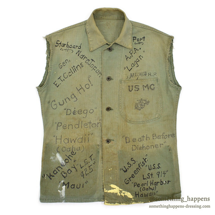 1940's~ U.S.M.C. P-41 MEMORABILIA HAND DROWING HBT UTILITY COAT CUT OFF ...