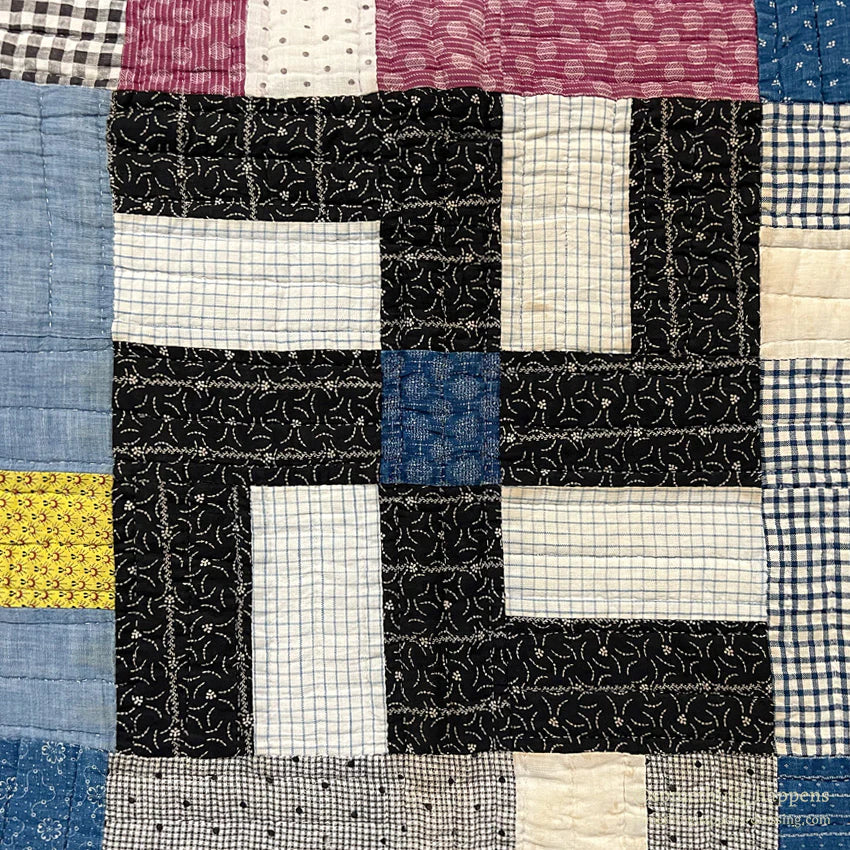 ANTIQUE WHIRLING LOGS SWASTIKA CRAZY PATCHWORK QUILT... 202cm/166cm
