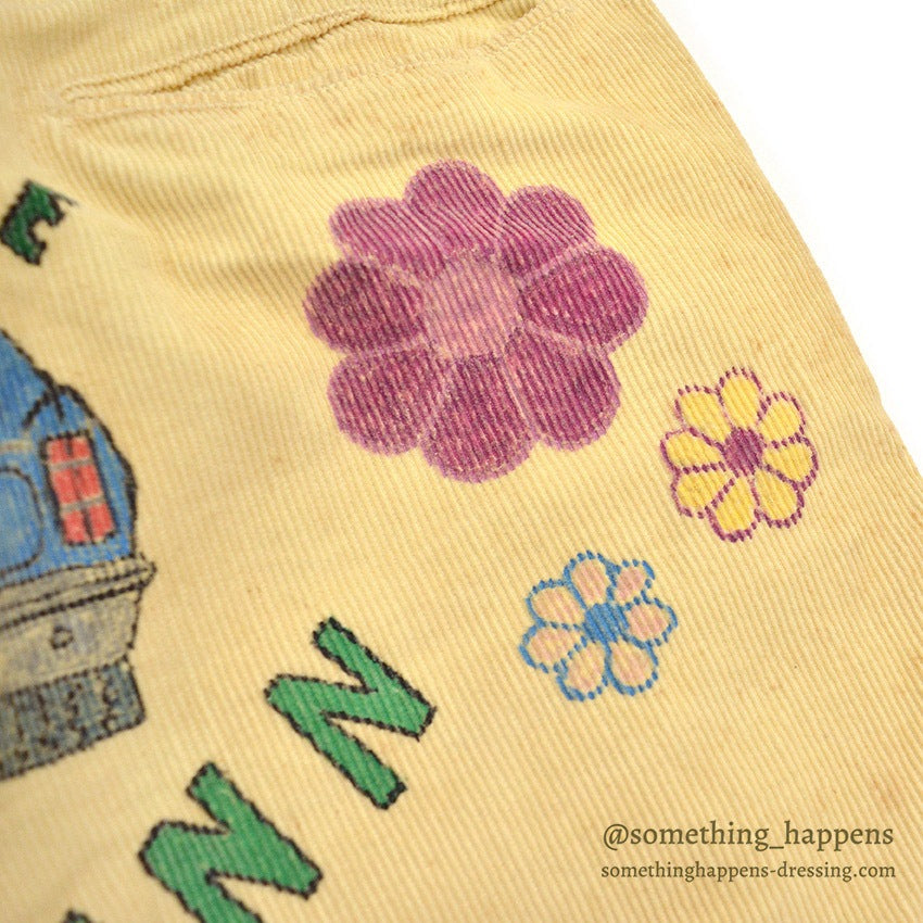 1970's KAZOO SENIOR CORDS HAND PAINTED '70 PANTS / AMAZING DRAWING ... W30/L29