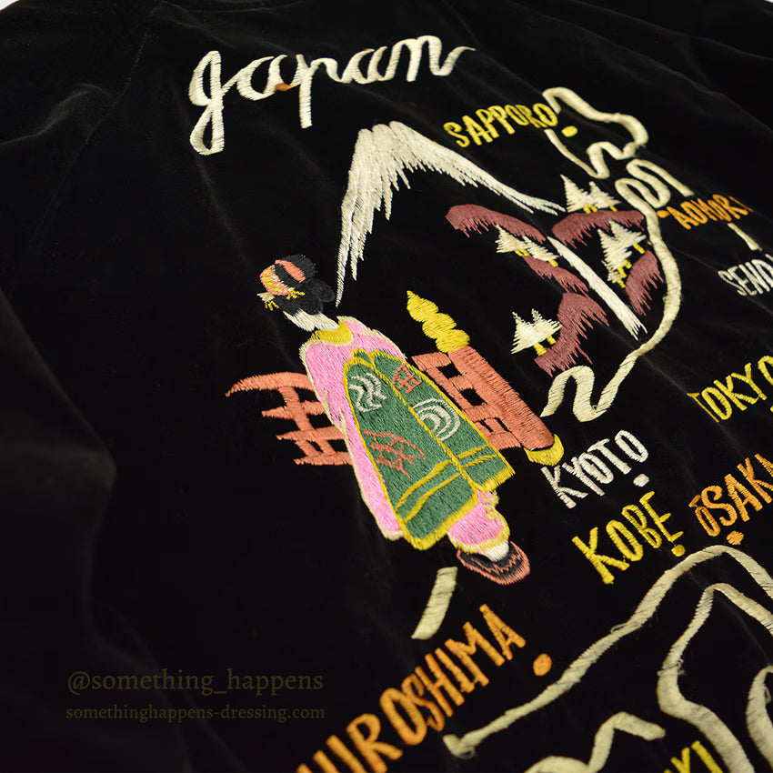 1950s JAPAN SOUVENIR JACKET (Sukajan) - Black Velvet - Japan Map - Maiko (Geisha)...