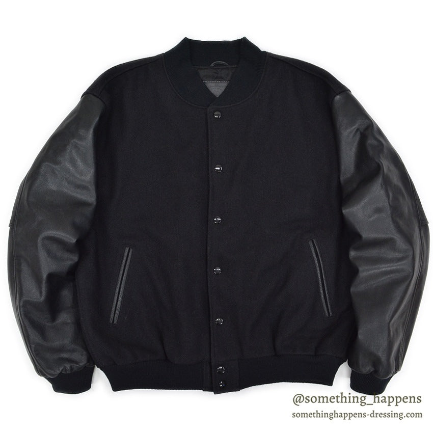 1990's GOLDEN BEAR ALL BLACK WOOL / LEATHER VARSITY JACKET... L