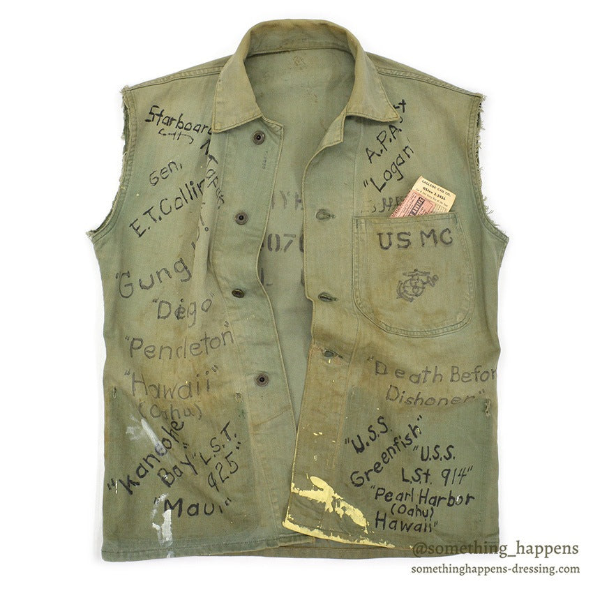 1940's~ U.S.M.C. P-41 MEMORABILIA HAND DROWING HBT UTILITY COAT CUT OFF ...