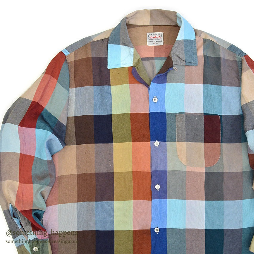 1960's TruVal BLOCK PLAID RAYON BLEND SHIRT... L