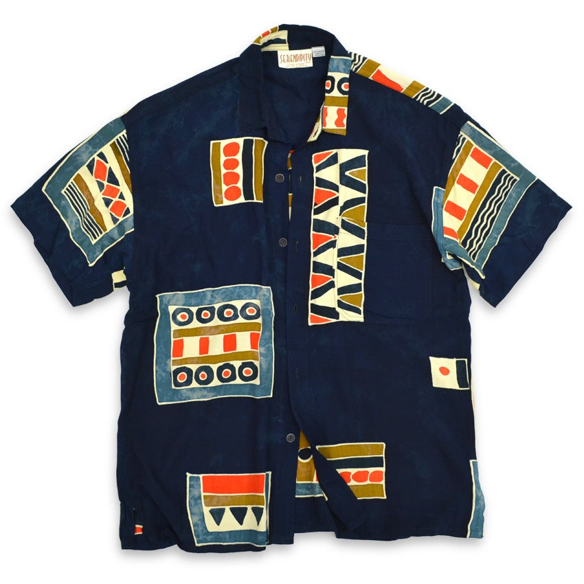 ~90's SERENDIPITY ART Indigo-dyed Rayon S/S Shirt ... M