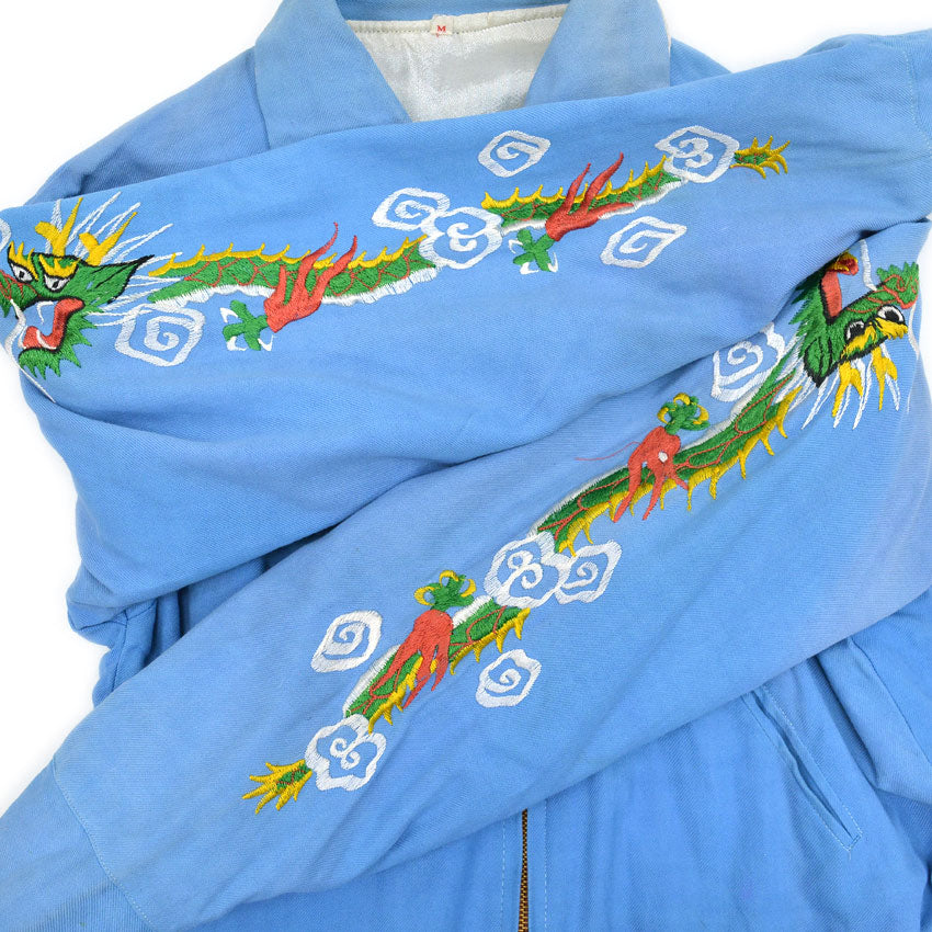 1960's VIETNAM ERA JAPAN SOUVENIR JACKET LIGHT BLUE Dragon Hawk Tiger ... M