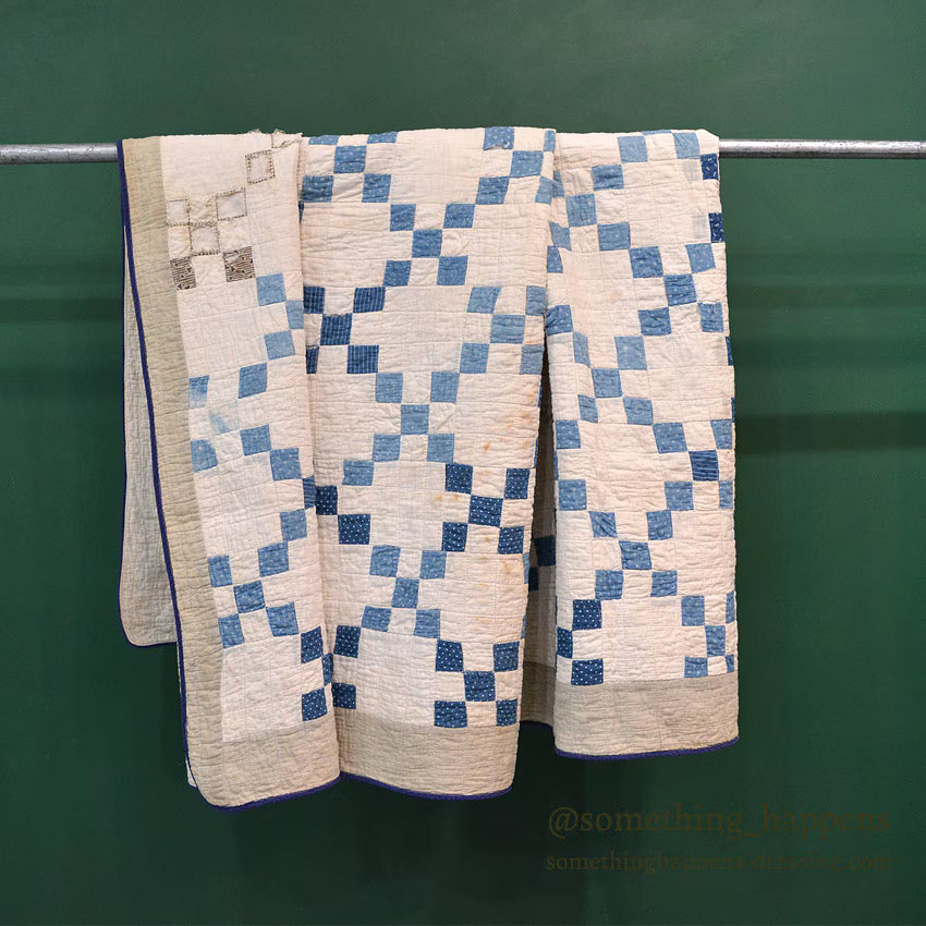 NINE PATCH INDIGO CALICO PATCHWORK QUILT... 202cm/168cm