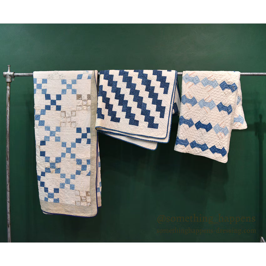 ANTIQUE LIGHTNING STREAK ZIG ZAG INDIGO STAR CALICO PATCHWORK QUILT... 195cm/120cm