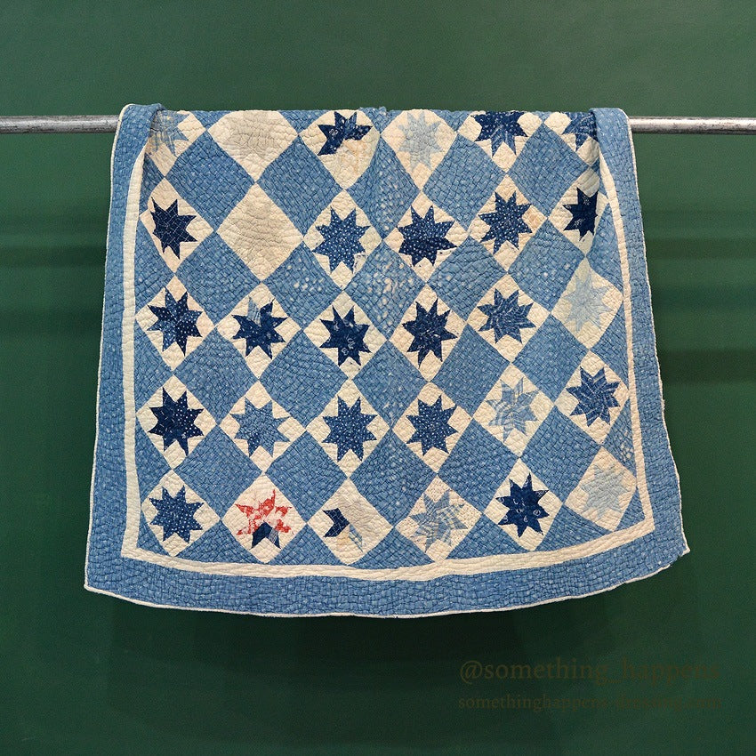 ANTIQUE EIGHT POINT STAR INDIGO CALICO PATCHWORK CRIB QUILT... 103cm/100cm