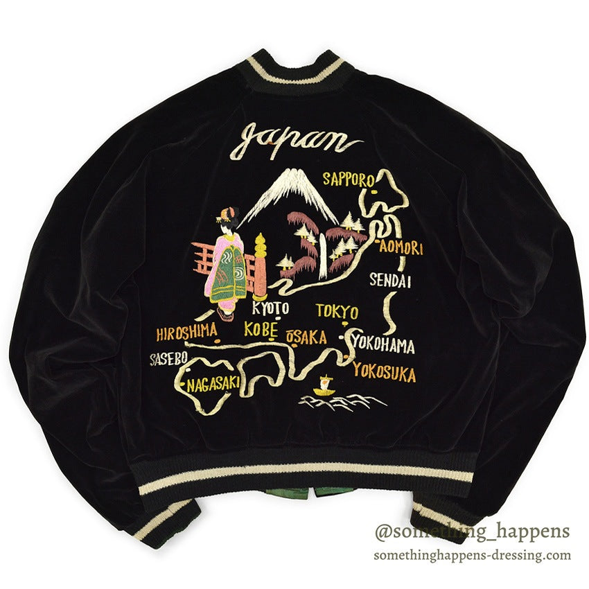1950s JAPAN SOUVENIR JACKET (Sukajan) - Black Velvet - Japan Map - Maiko (Geisha)...