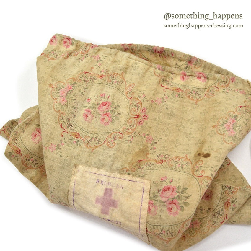 1910's~ WW1 ERA AMERICAN RED CROSS FLORAL FABRIC DITTY BAG...