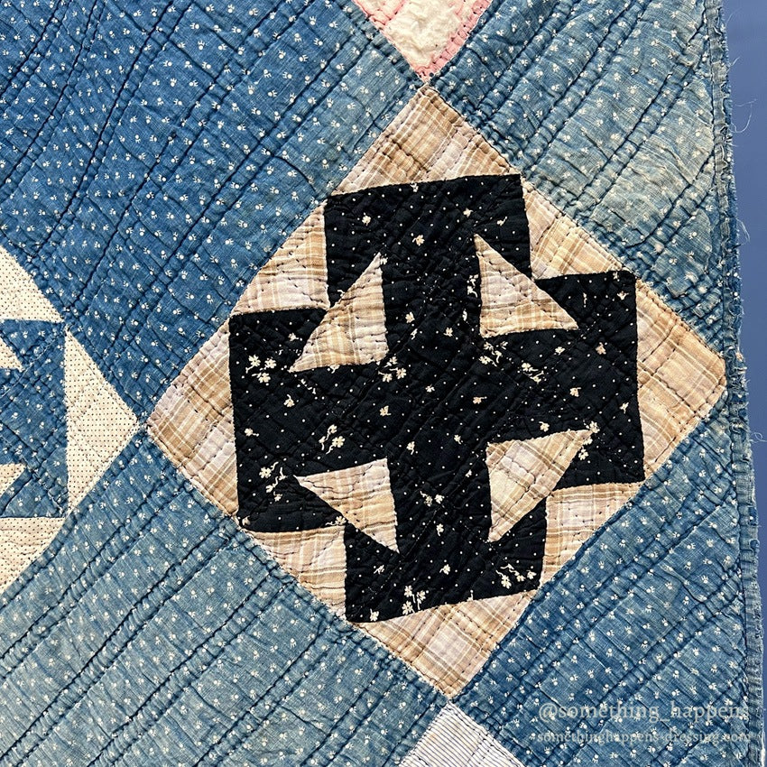 ANTIQUE INDIGO CALICO PATCHWORK QUILT BEAUTIFUL FADED... 196cm/164cm