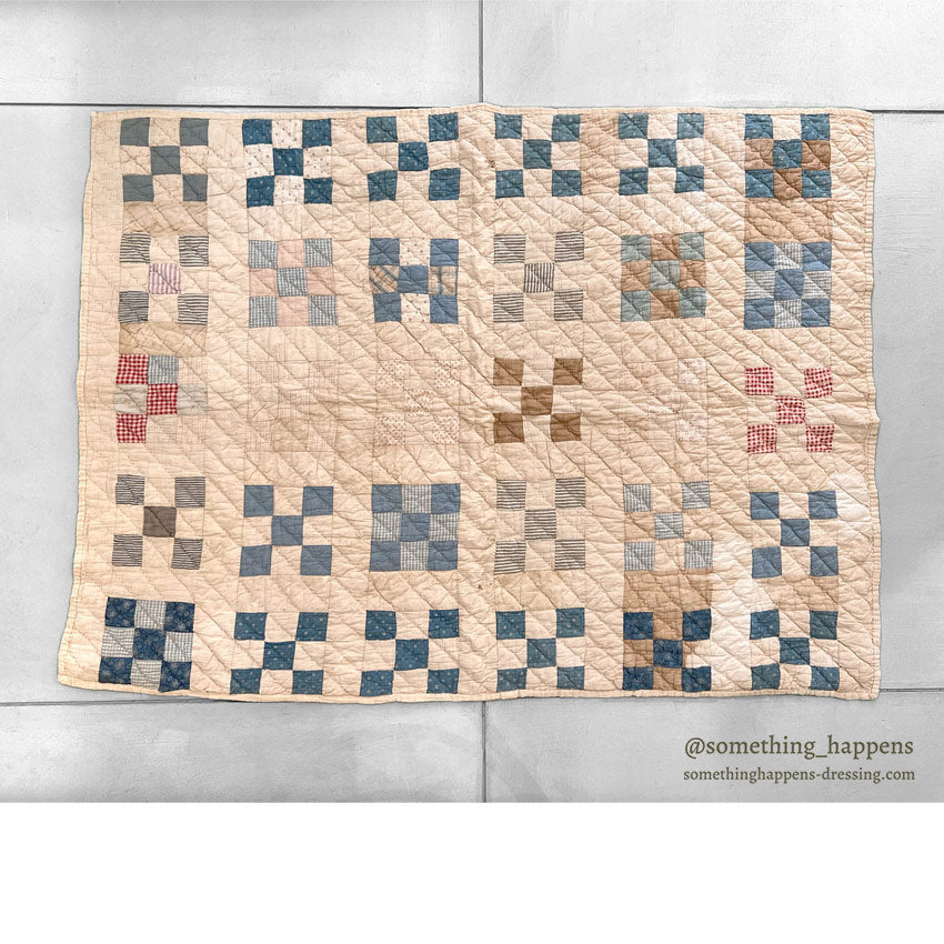 ANTIQUE NINE PATCH CALICO PATCHWORK CRIB QUILT... 122cm/90cm