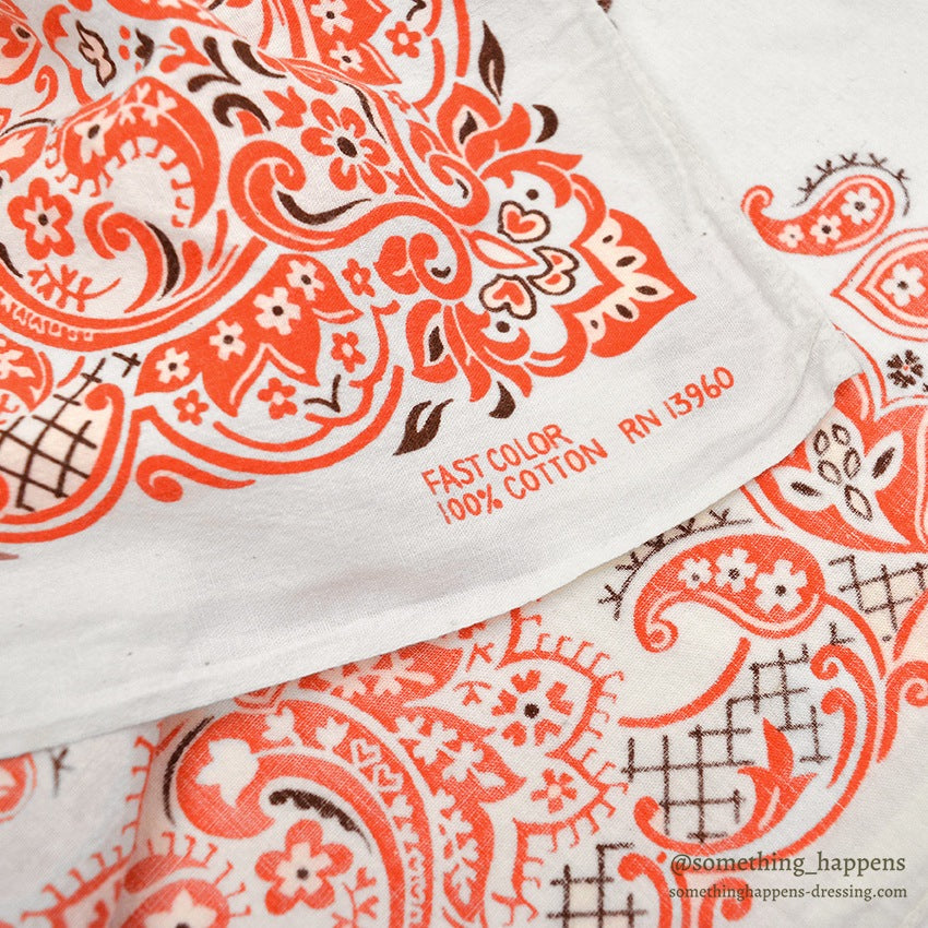 1970's OLD ORANGE/WHITE/BROWN BANDANA RN13960...