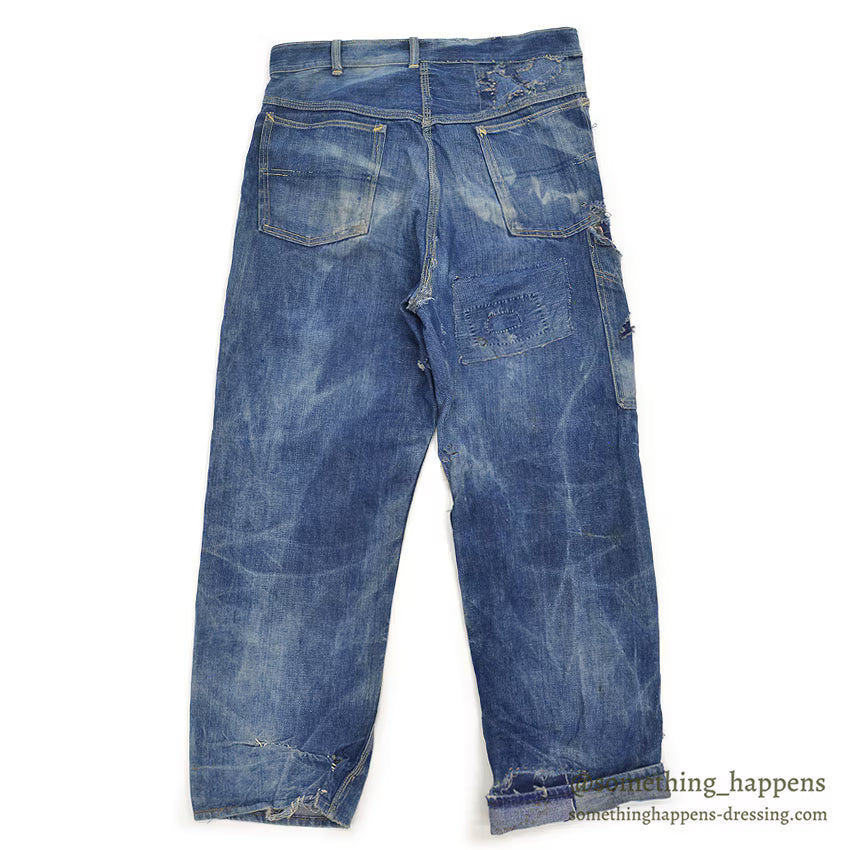 1960's MONEY BAK DENIM PAINTER PANTS SUN FADED / HAND SEWN REPAIRS ... W34/L29