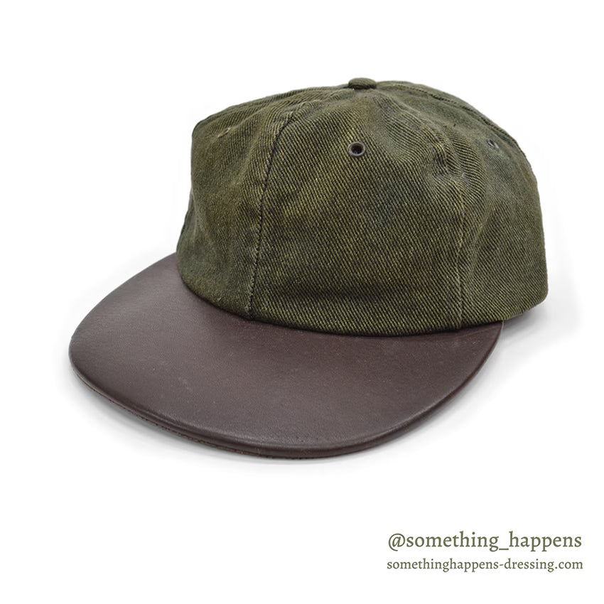 1980's EDDIE BAUER DARK GREEN DENIM / LEATHER BILL CAP / NO LOGO...