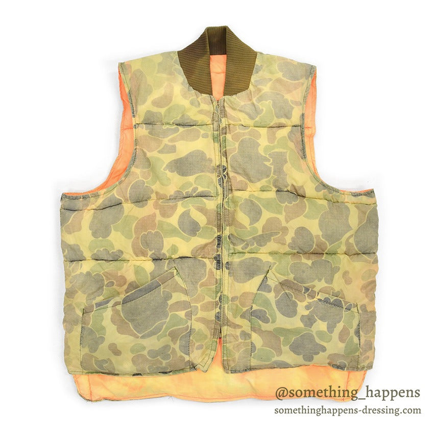 1960's~ CAMO / ORANGE REVERSIBLE NYLON PADDED VEST / FADED...