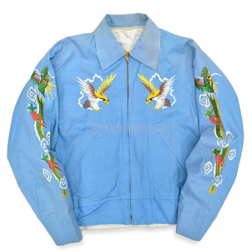 1960's VIETNAM ERA JAPAN SOUVENIR JACKET LIGHT BLUE Dragon Hawk Tiger ... M