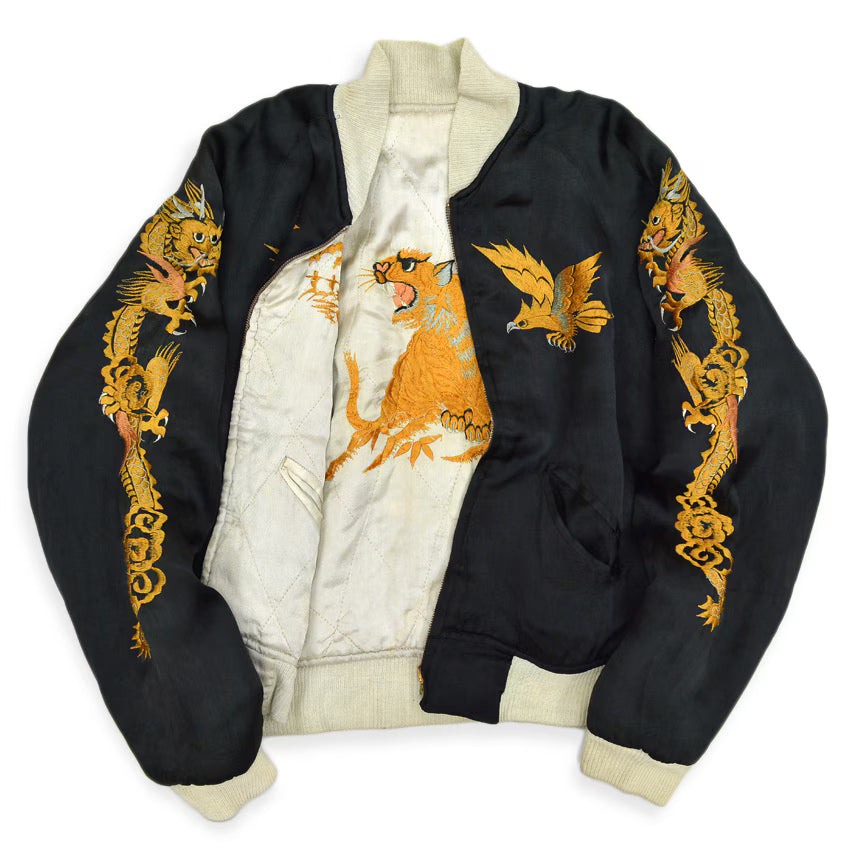 1940's〜 JAPAN SOUVENIR JACKET スカジャン 黒×金刺繍 虎鷹龍 YKKジッパー ...