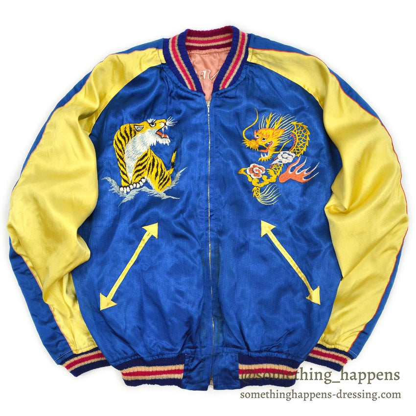 1940s- JAPAN SOUVENIR JACKET (Sukajan) with patch pockets, hawk, tiger, and dragon design, SPEED zipper...