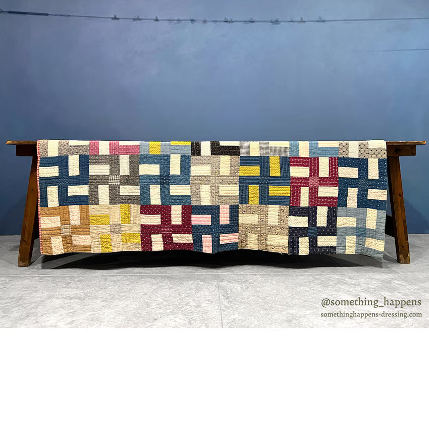 ANTIQUE WHIRLING LOGS SWASTIKA CRAZY PATCHWORK QUILT... 202cm/166cm