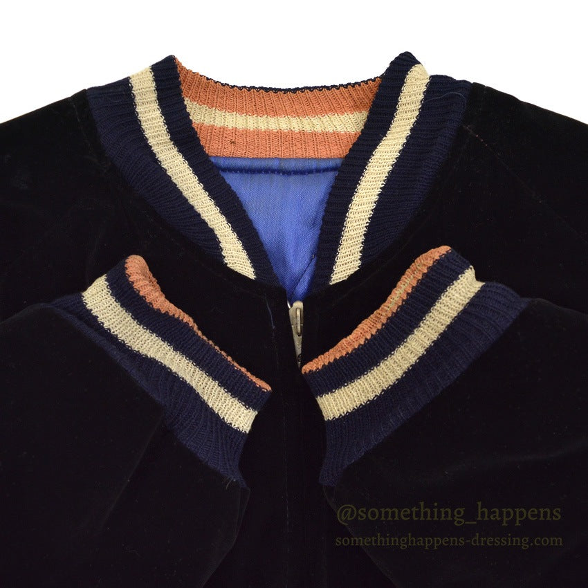 1950s JAPAN SOUVENIR JACKET (Sukajan) - Black velvet, navy and white ribbing...