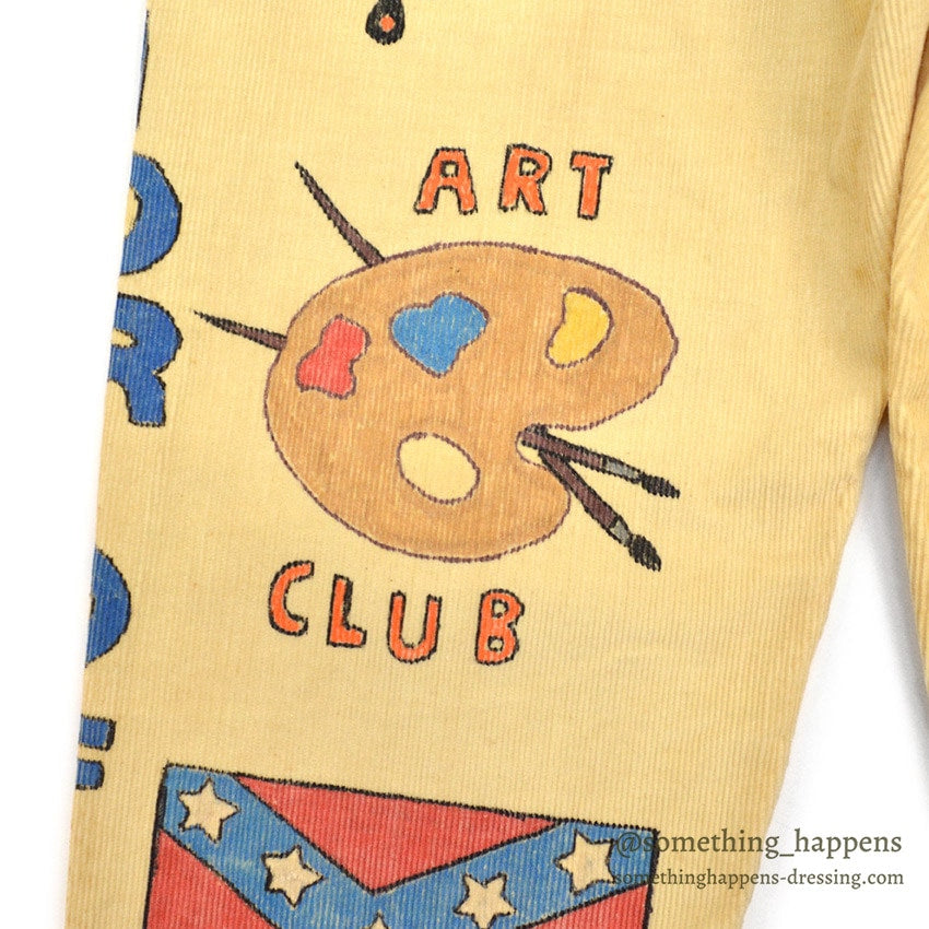 1970's KAZOO SENIOR CORDS HAND PAINTED '70 PANTS / AMAZING DRAWING ... W30/L29
