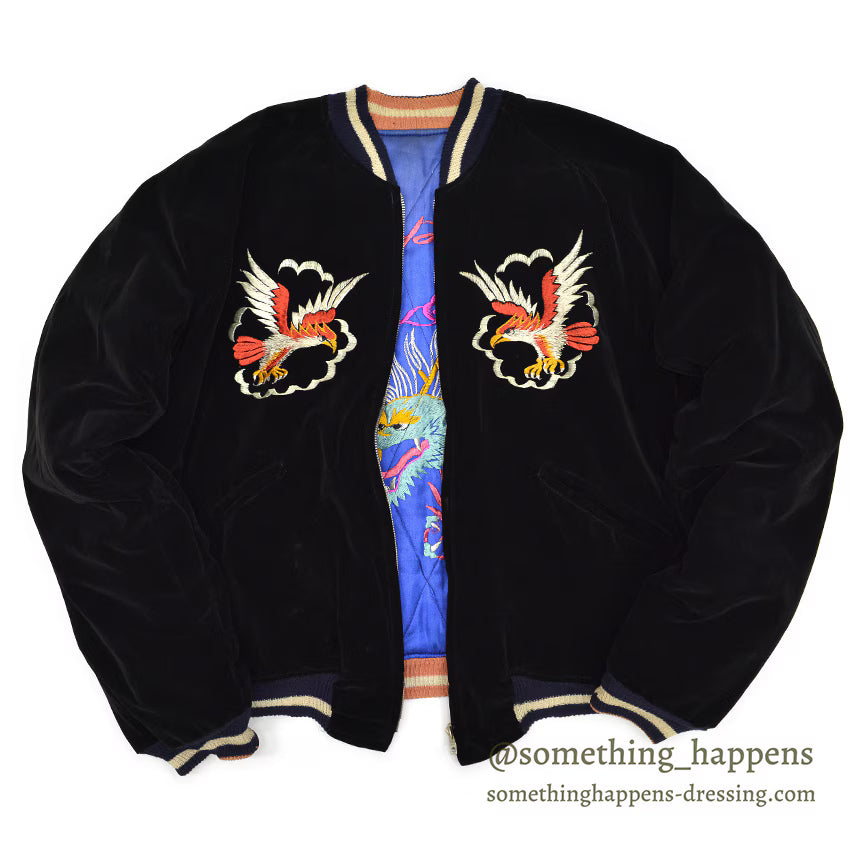 1950s JAPAN SOUVENIR JACKET (Sukajan) - Black velvet, navy and white ribbing...