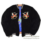 1950s JAPAN SOUVENIR JACKET (Sukajan) - Black velvet, navy and white ribbing...