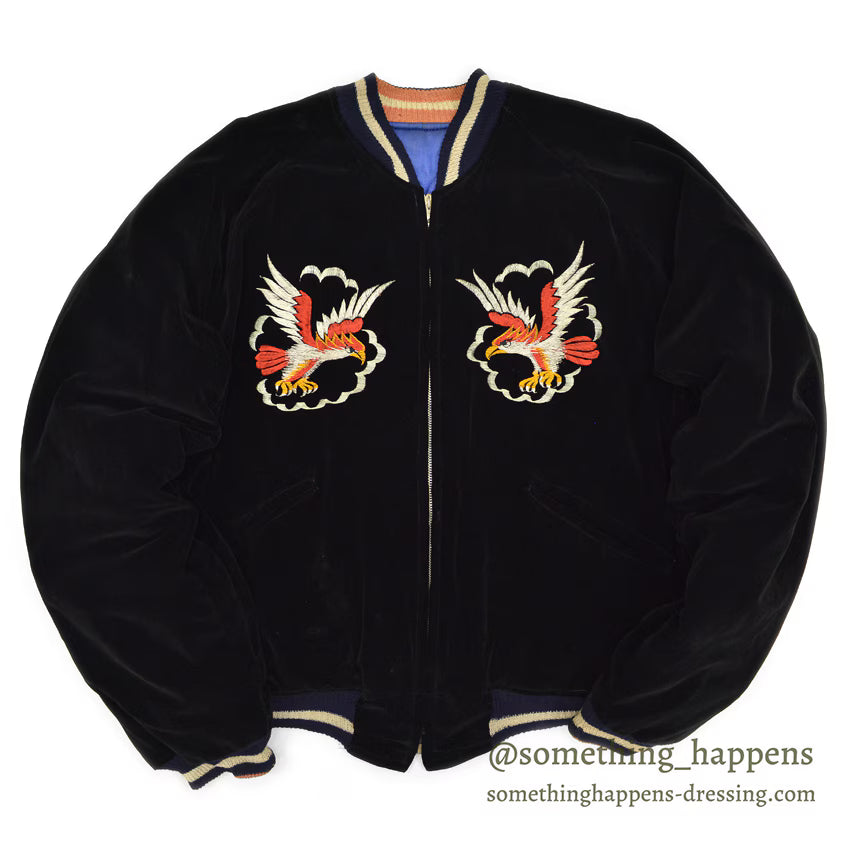 1950s JAPAN SOUVENIR JACKET (Sukajan) - Black velvet, navy and white ribbing...