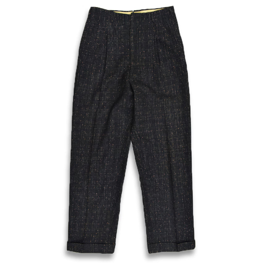1950s-era black pinstripe Fleck Pattern kasuri wool slacks...