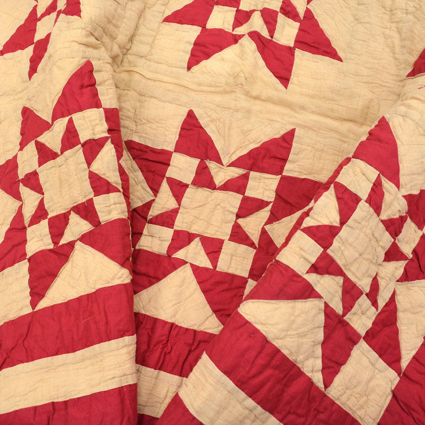 OLD PATCHWORK DOUBLE SAWTOOTH STAR QUILT...88cm×130cm