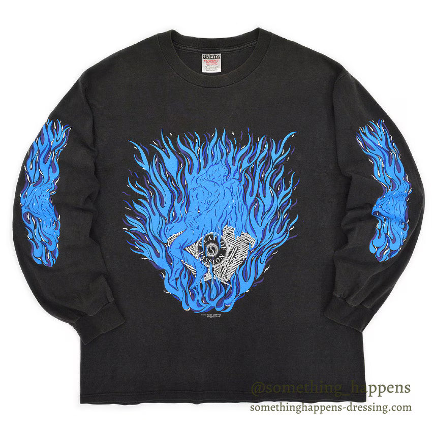 1990's ONEITA MOTORCYCLE ART FIRE PATTERN L/S T-SHIRT ... LARGE