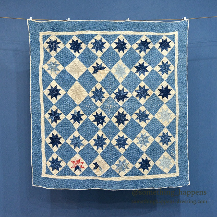 ANTIQUE EIGHT POINT STAR INDIGO CALICO PATCHWORK CRIB QUILT... 103cm/100cm