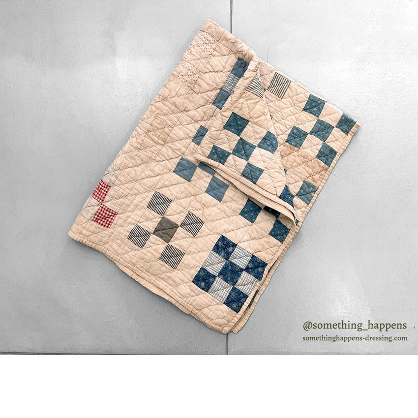 ANTIQUE NINE PATCH CALICO PATCHWORK CRIB QUILT... 122cm/90cm